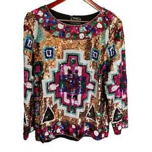 VINTAGE; Aztec sequin/beaded blouse